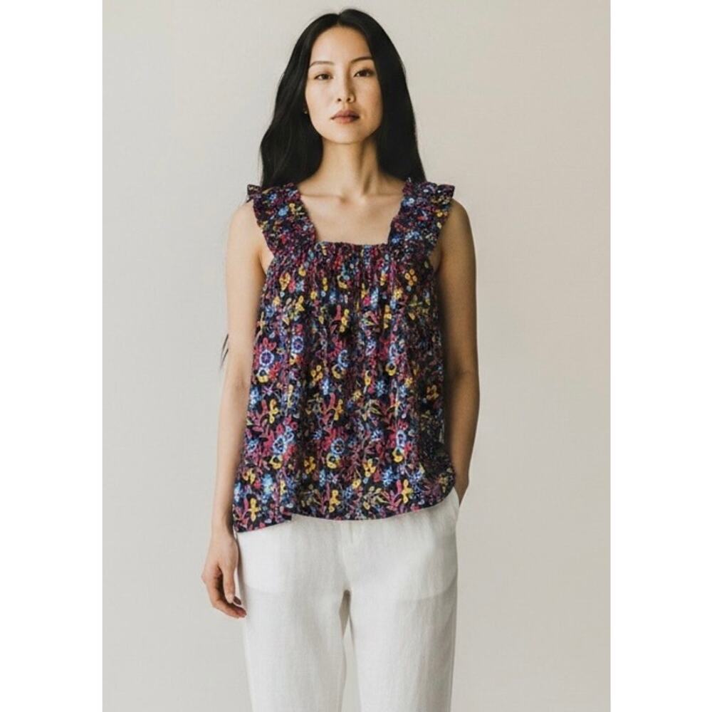 Jude Connally Ruffle Strap Floral Top Navy Multicolor S NWOT